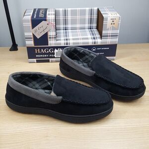 HAGGER Mens Moccasin Slippers Size 8 - 9 Black Microsuede Fleece Lined Comfort